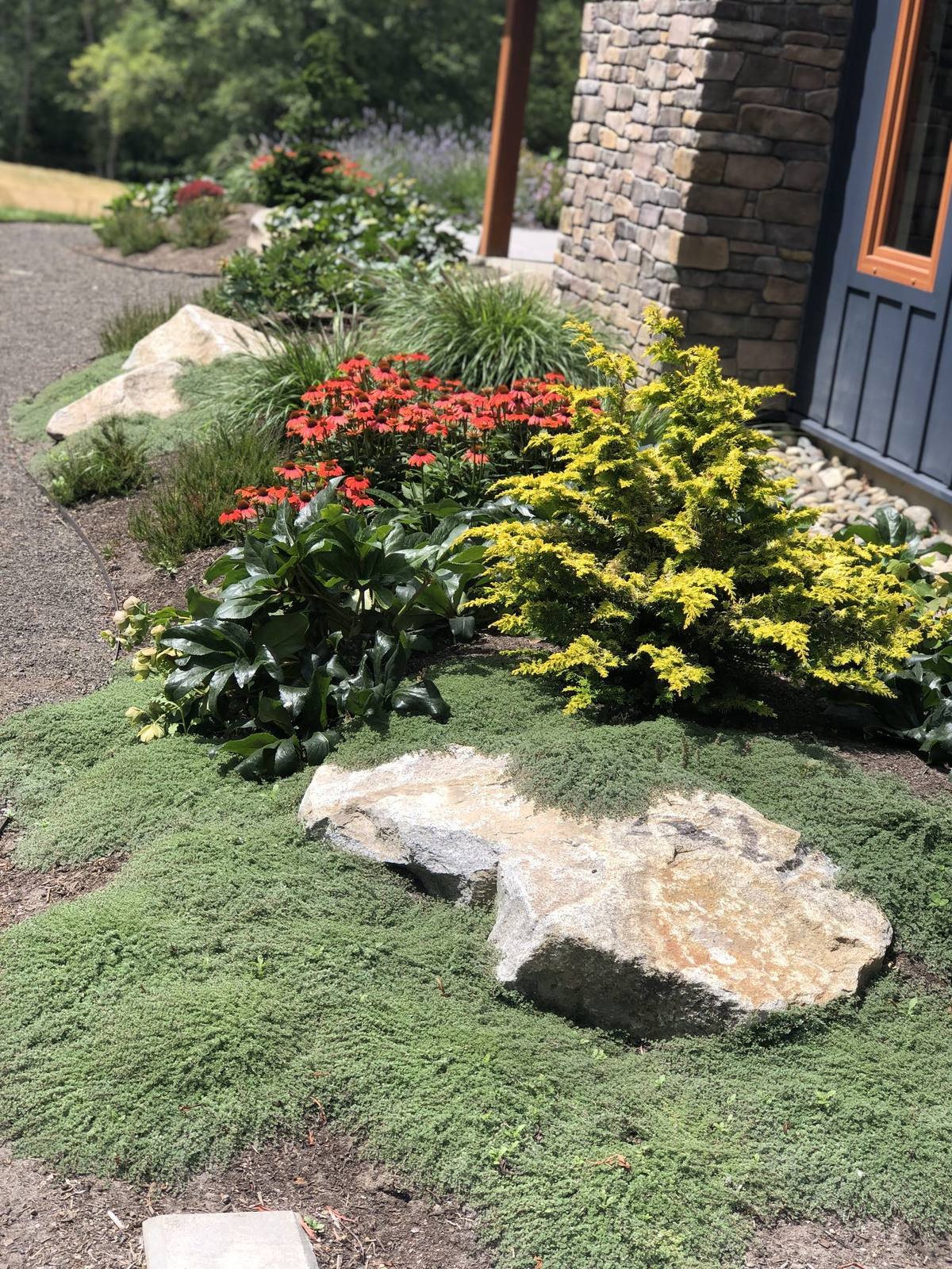 Close view of colorful planting and stone by the home