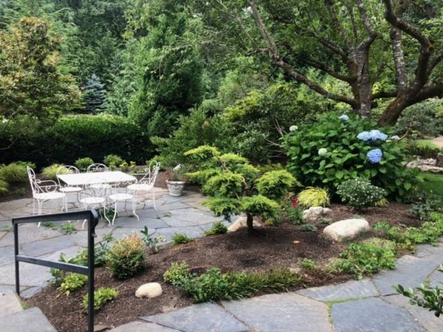 Stone patio surrounded by mature planting