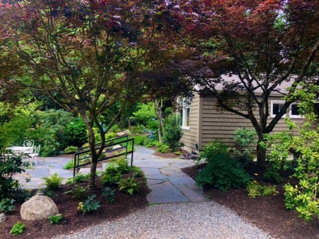 Stone path winding between trees beside a home