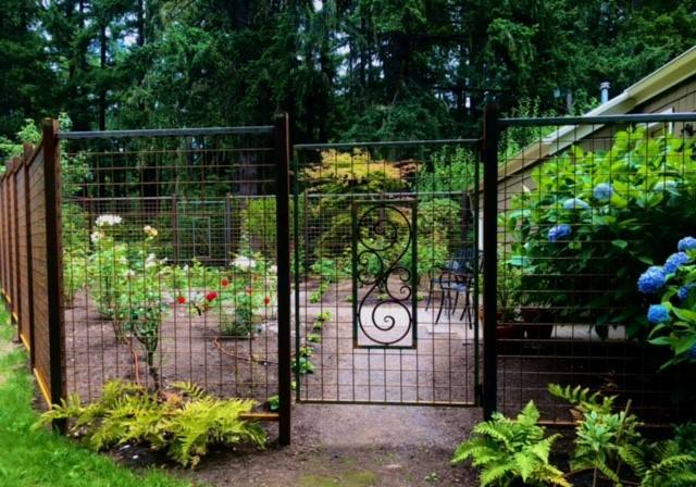 Decorative garden gate surrounded by ferns and hydrangeas