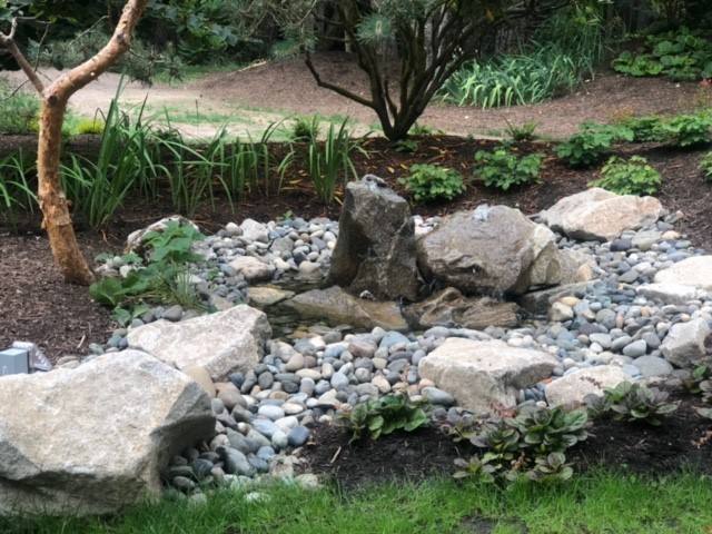 Stone-lined water feature surrounded by garden beds