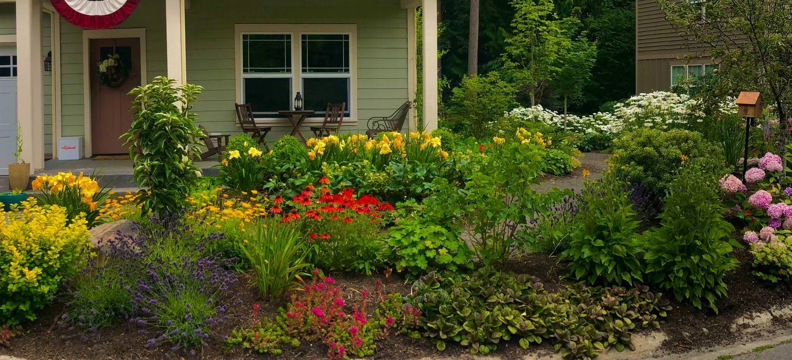 Colorful layered front garden in full bloom