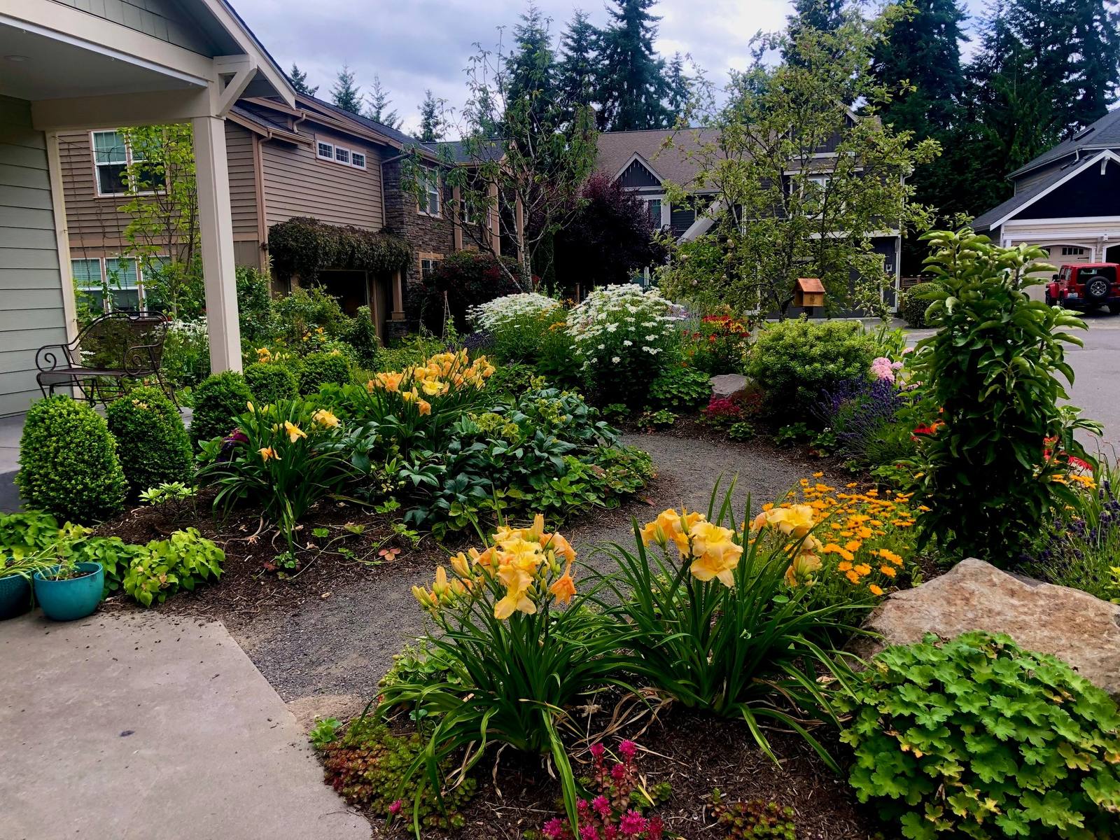 Curving gravel path through a colorful residential garden