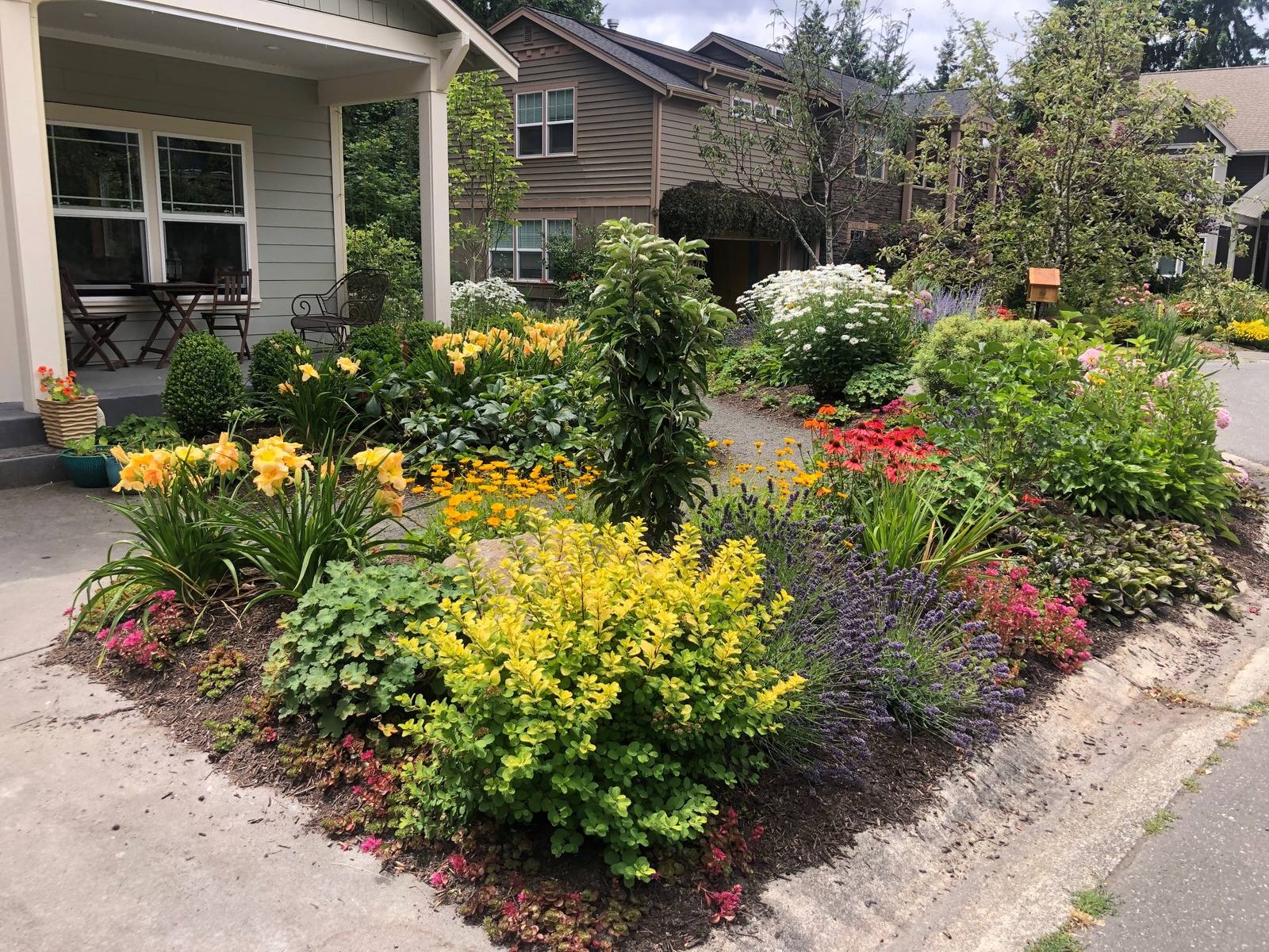 Lush colorful garden beside a covered patio
