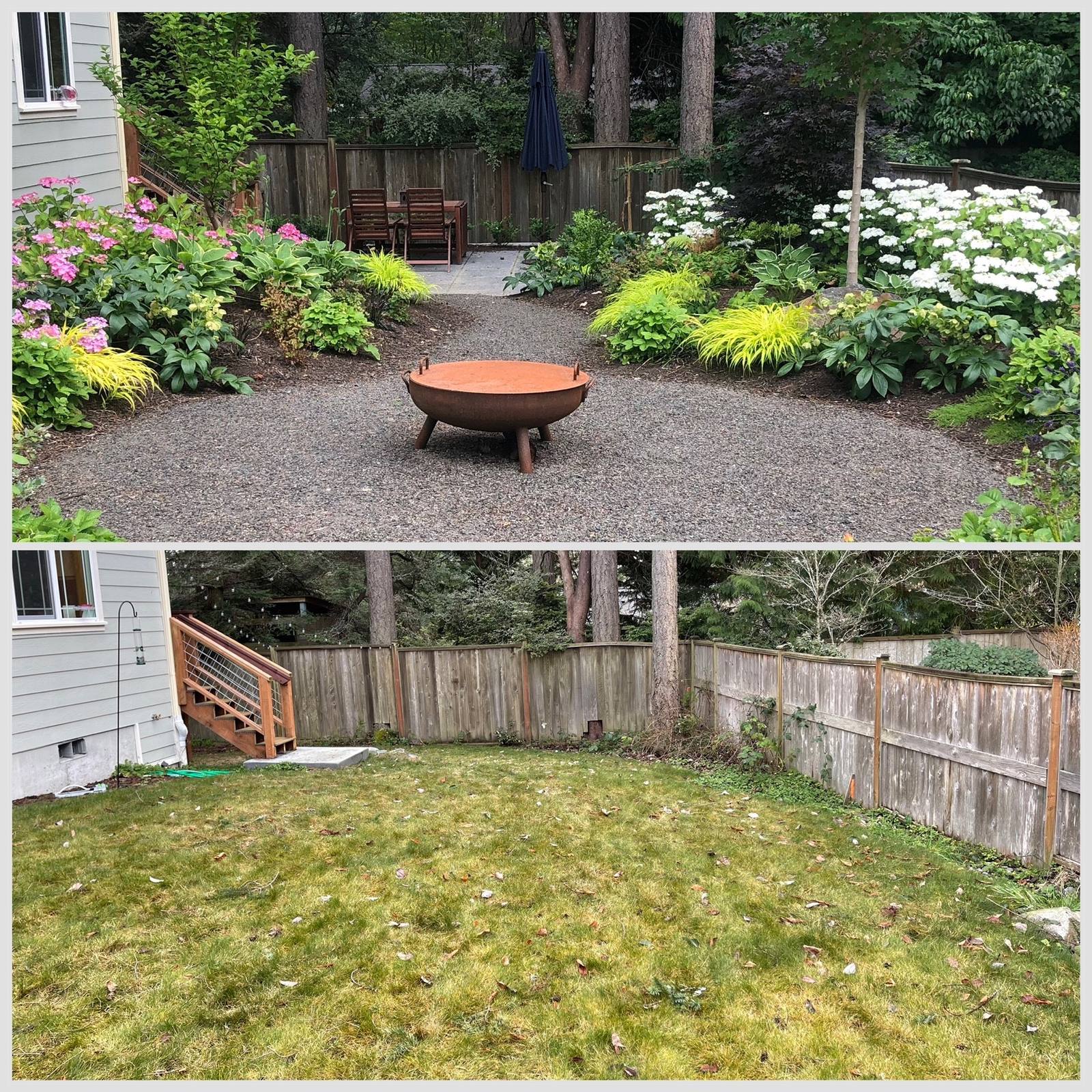 A before and after garden transformation showing a lawn replaced by a lush gravel garden and patio
