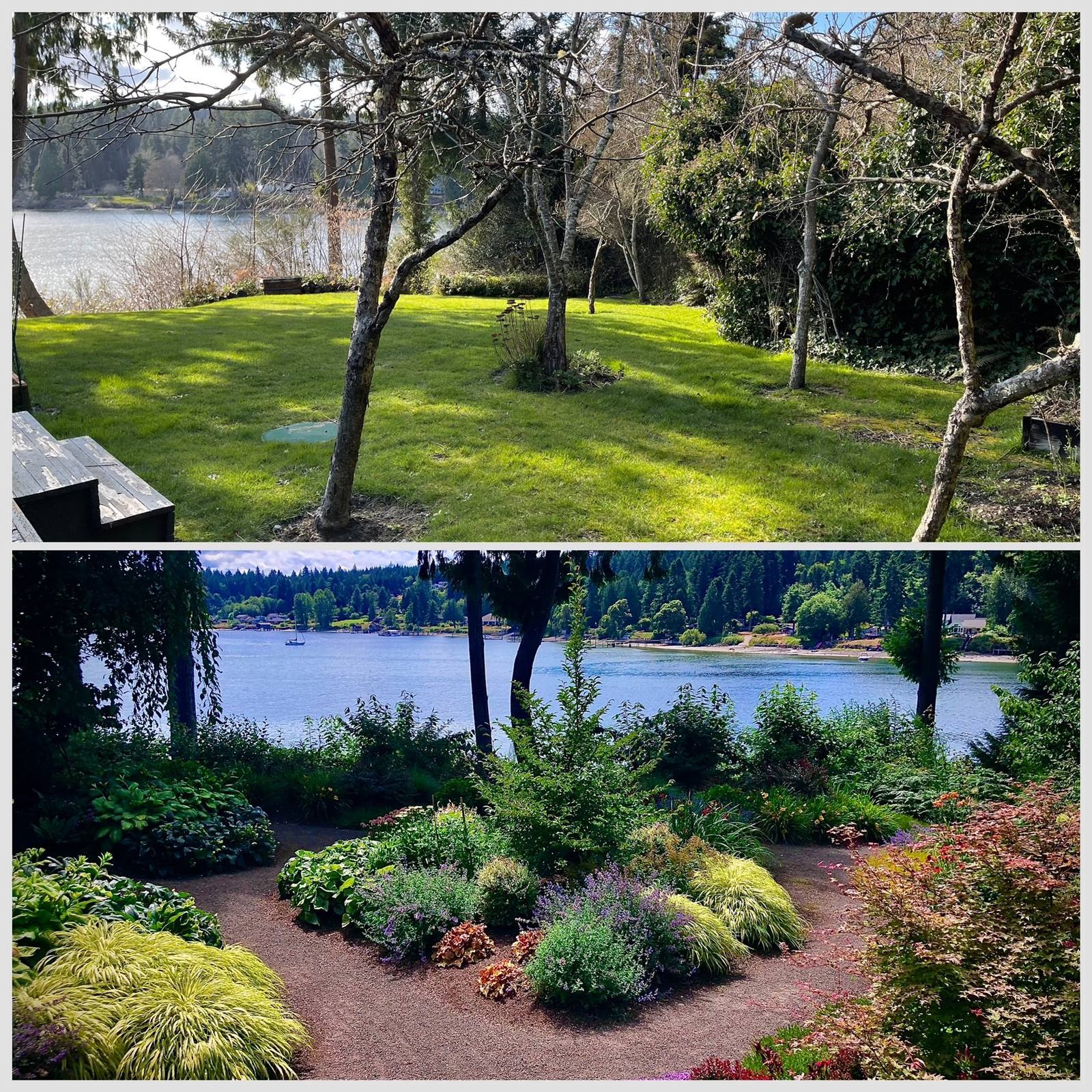 A lush planted garden overlooking the water